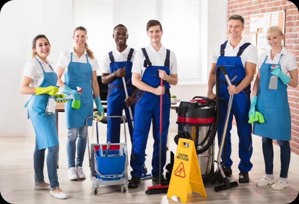 Professional EEB cleaning team in uniform with equipment in a bright office